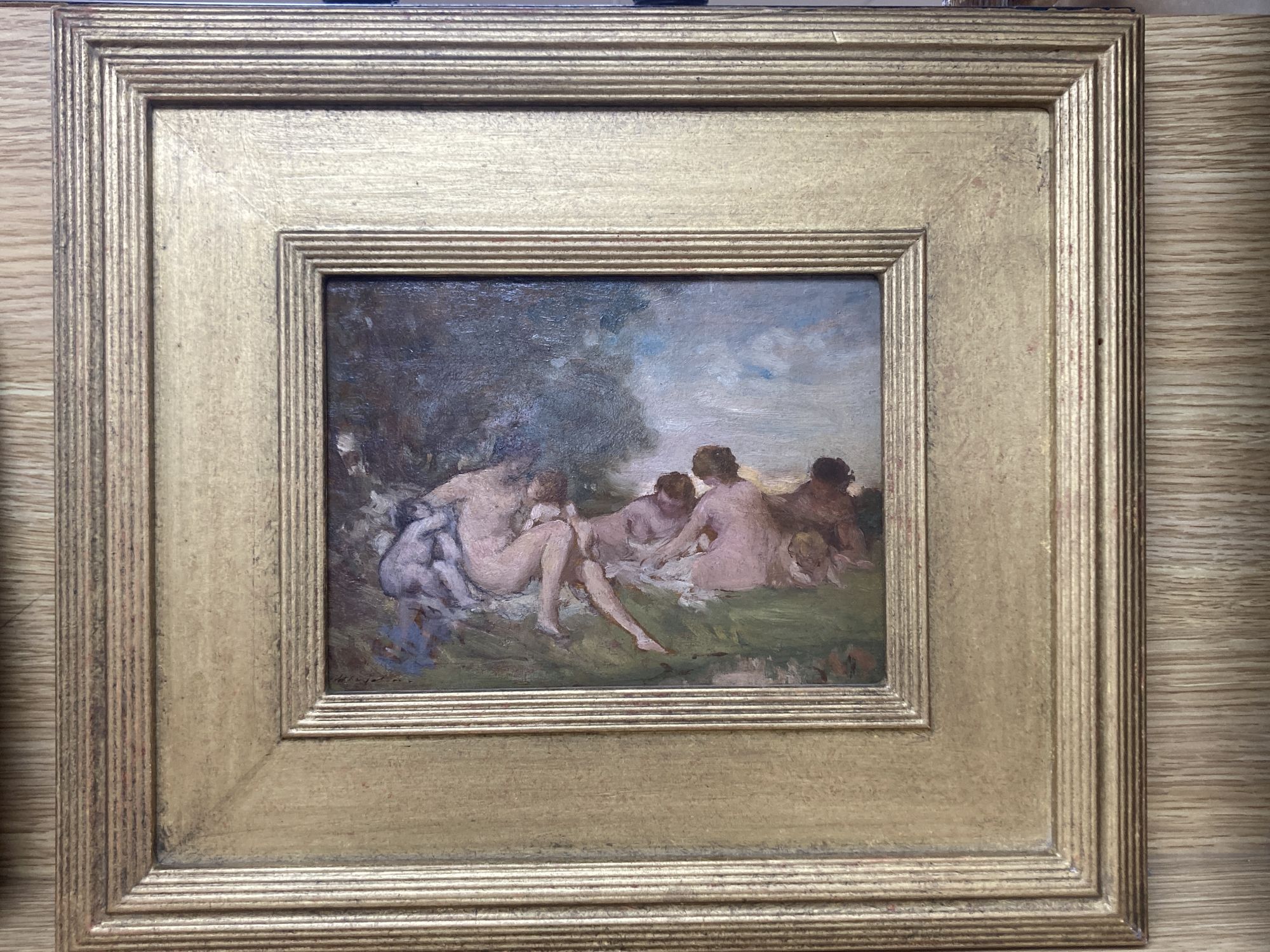 English School c.1908, oil on board, Sketch for Reynolds Cupids, indistinctly signed, 15 x 20cm